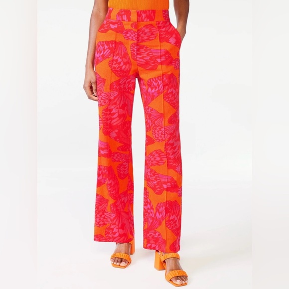 Scoop Pants - Scoop High Waist Wide Leg Red & Orange Printed Linen Blend S
